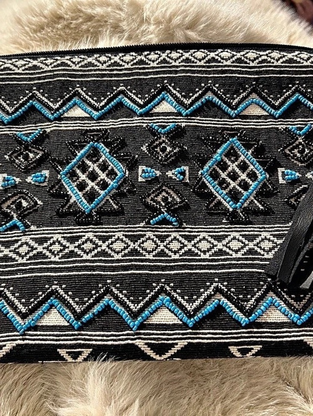 APHORISM Geometric Embroidered Wristlet in Black & Blue
